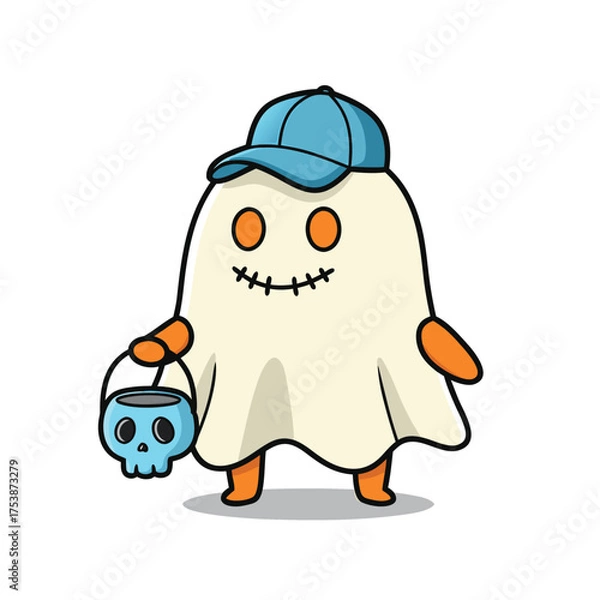 Fototapeta Adorable Ghost Character with Baseball Cap and Candy Bucket