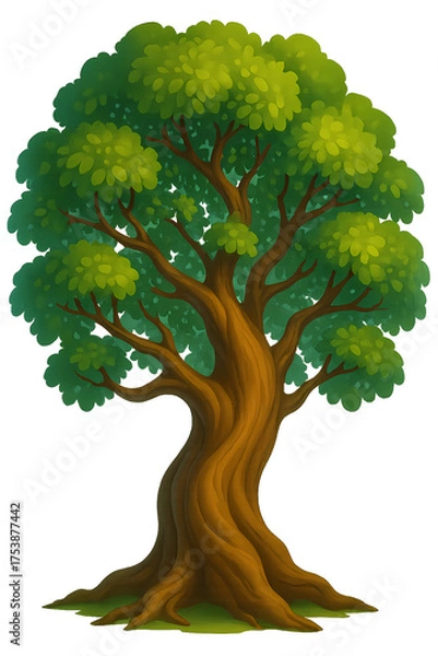 Obraz Illustrated Tree with Twisting Trunk and Dense Green Canopy on Grass Patch
