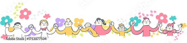 Obraz 手つなぎ一列に並ぶ多様な人々　人と人のつながり・協力のイメージ	
