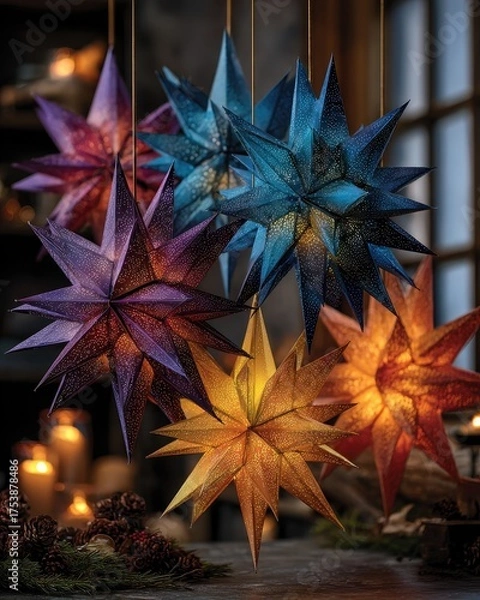 Obraz Colorful Paper Stars Hanging Over Candles for Festive Ambiance