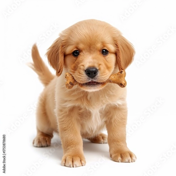 Fototapeta Golden retriever puppy holding a bone isolated on pure white background