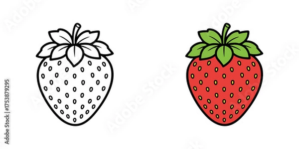 Fototapeta Bright Strawberry Illustration with Green Leaves and Vibrant Red Color on a Black Background
