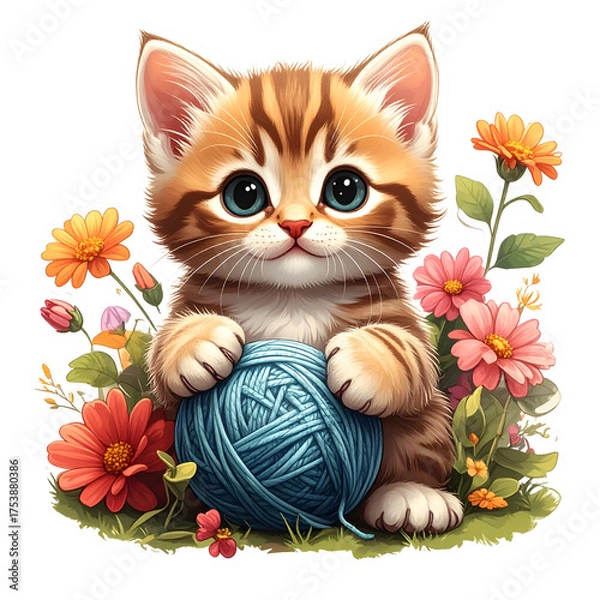 Obraz Fluffy kitten plays with yarn ball surrounded by colorful flowers.