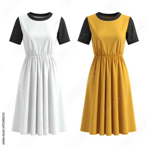 Obraz Two dresses, white and mustard yellow, with black sleeves and elastic waist.