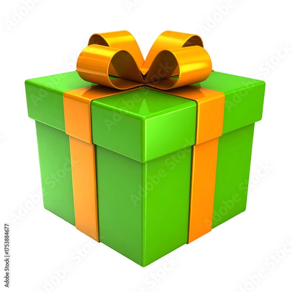 Obraz Green gift box with orange ribbon and bow on black background.