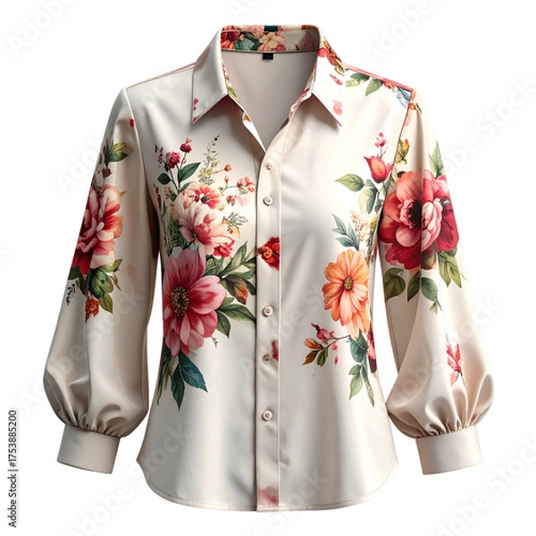 Fototapeta Cream blouse with bold floral print and puffy sleeves.