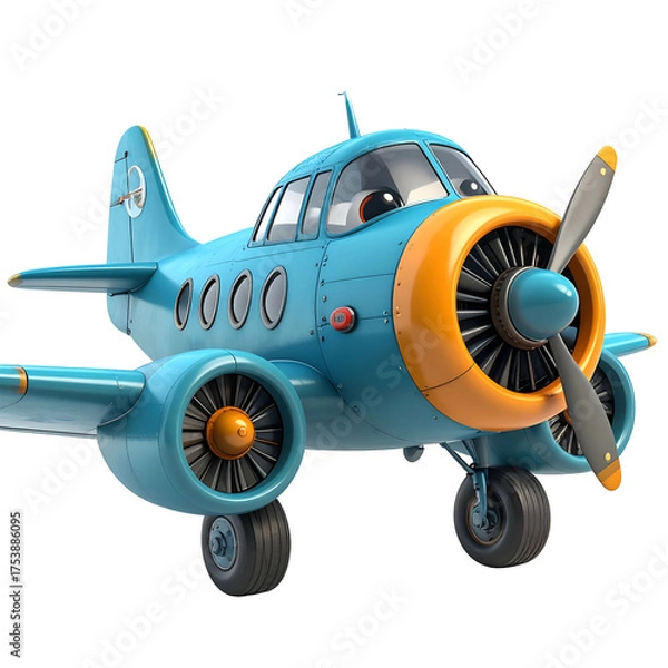 Fototapeta Adorable cartoon airplane with large orange propeller, isolated on black.