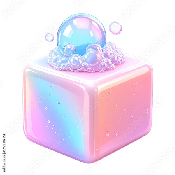 Obraz Glossy cube with pastel gradient and iridescent bubbles.