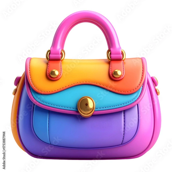 Obraz A colorful, rounded handbag with golden hardware and a pink handle.