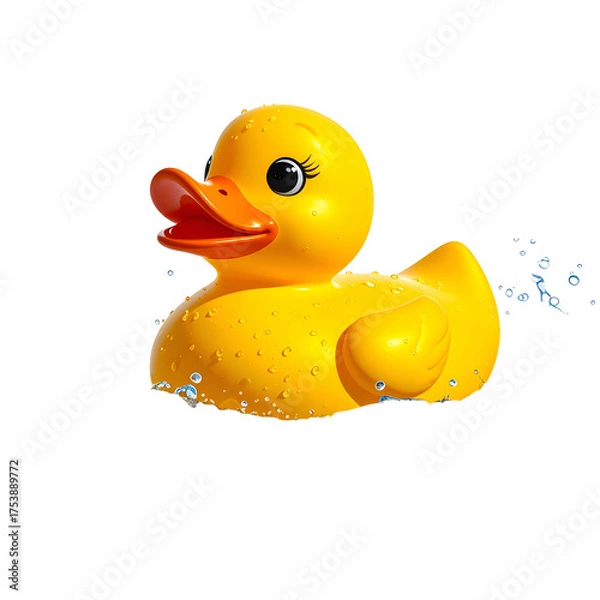 Fototapeta Yellow rubber ducky floats in water with splashes and droplets.
