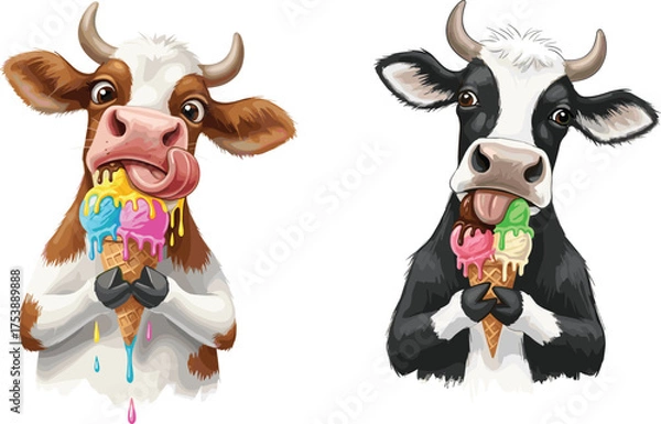 Fototapeta Funny cartoon cows licking ice cream cones, cute dairy animal illustration, colorful scoops, summer dessert concept, vector art, isolated white background