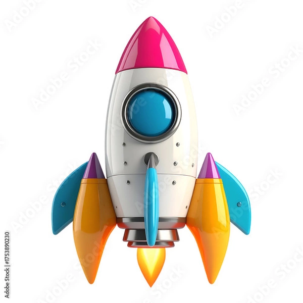 Fototapeta Colorful retro rocket ship with flames blasts off into space.