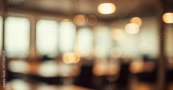 Fototapeta Blurred DSLR interior scene showing soft silhouettes of tables, chairs, and warm lighting with smooth depth and natural bokeh for a professional atmosphere.