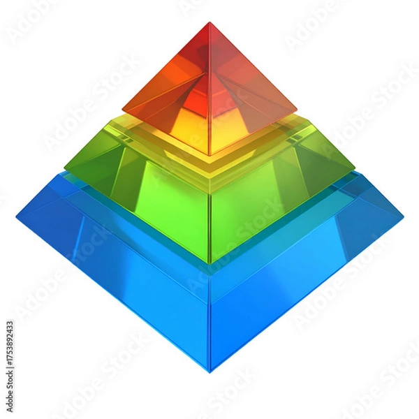 Fototapeta Layered glass pyramids display a spectrum of color against black.