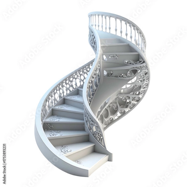 Fototapeta Ornate white spiral staircase features intricate openwork railings.