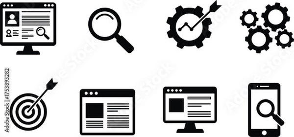 Fototapeta SEO Search Engine Optimization Icons Set Magnifying Glass Web Analytics Gears Target Mobile Search Internet Marketing Vector Illustration Concept