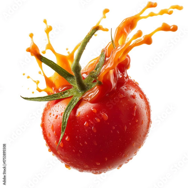 Fototapeta Fresh tomato splashing with vibrant juice, showcasing droplets and vivid colors, perfect for culinary themes and food photography