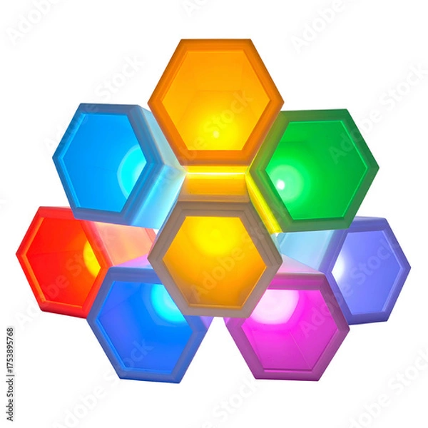 Fototapeta Illuminated hexagonal shapes glow in vibrant rainbow colors against black.