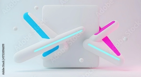 Fototapeta Abstract 3D render featuring a white cube and stylized jet forms with neon accents
