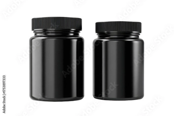 Fototapeta Two identical black plastic screw-top jars presented side-by-side showcasing a clean modern design for storage.