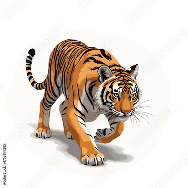 Fototapeta Bengal tiger prowling forward with focused intensity ready to pounce on its prey