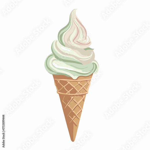 Fototapeta Delicious soft serve ice cream cone with pastel green and pink swirls on a white background
