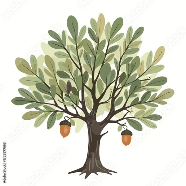Fototapeta Stylized oak tree with green leaves against a white background representing nature growth