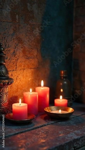 Fototapeta Ethereal Candlelight Illuminates a Sacred Space Soft Light, Textured Walls, Spiritual Objects. Perfect for Meditation, Yoga, Mindfulness, and Religious Themes.