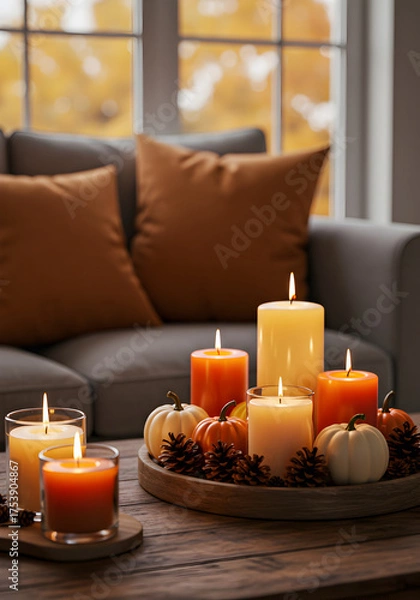 Fototapeta [Generative AI] 거실 테이블 위 가을 캔들 데코