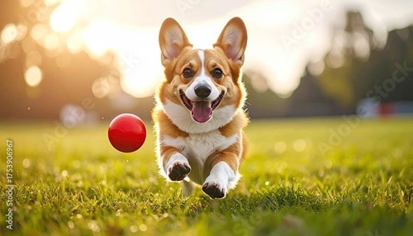 Obraz Happy Corgi Running on Green Grass with Red Ball under Bright Sunlight at Golden Hour at Sunset
