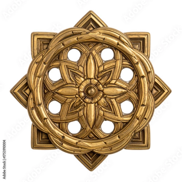 Fototapeta Ornate golden circular medallion with floral and geometric patterns.