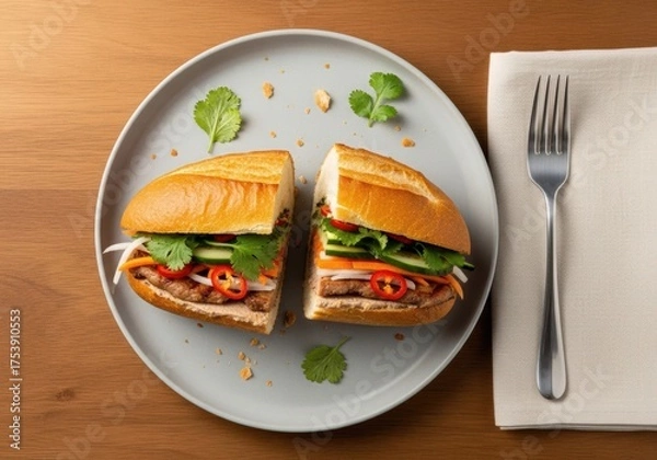 Fototapeta Vietnamese banh mi sandwich with grilled pork, pickled vegetables, cucumber & cilantro
