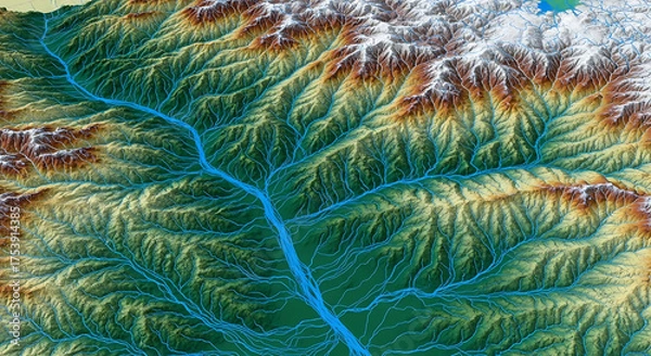 Fototapeta Detailed topographical map visualizing an intricate river system flowing through rugged mountains, highlighting complex geological features, varied elevations, and natural water channels with clarity