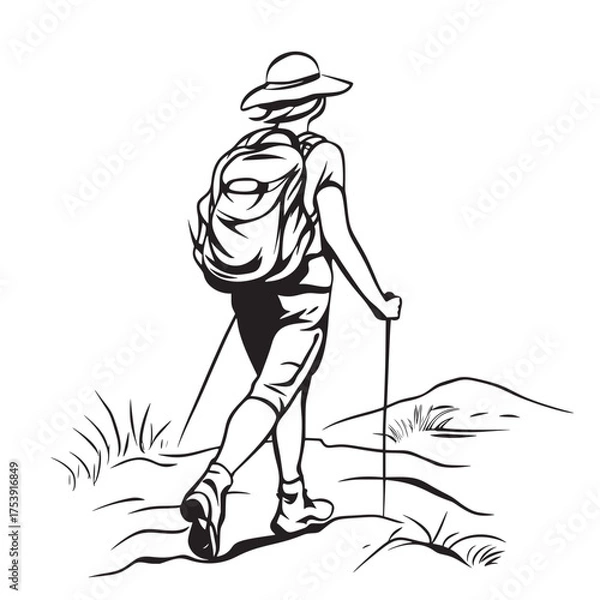 Fototapeta cartoon outline doodle illustration of hiking with a purpose for conservation