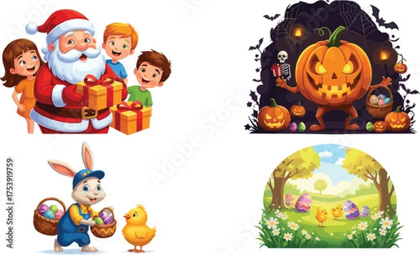 Obraz Festive holiday illustration with Santa Claus, Easter Bunny, Halloween pumpkin, and spring chicks, colorful vector design for celebration themes