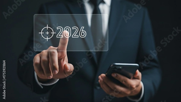 Fototapeta Businessman touching digital target focusing on 2026 vision, futuristic business strategy concept