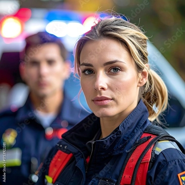 Obraz A determined paramedic stands with a colleague in front of an ambulance