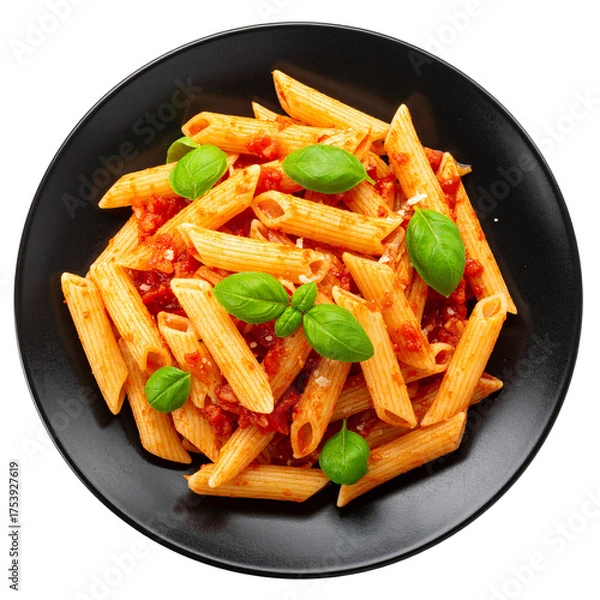 Fototapeta top view of a black plate of penne pasta with basil leaves and tomato sauces