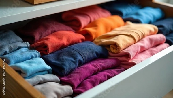 Obraz Organized Clothing Drawer Neat Folded Clothes, Meticulous Storage, Calm Minimalist Style
