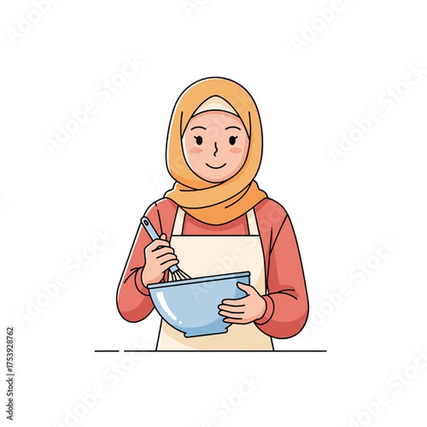 Obraz Muslim Female Chef in Hijab and Apron Whisking Ingredients in a Bowl, Home Cooking