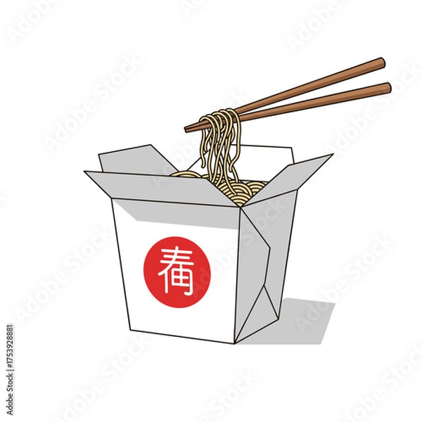 Fototapeta Delicious hot noodles in a classic Chinese takeout box with chopsticks, ready to eat, vector illustration.