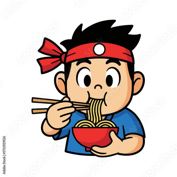 Fototapeta Enthusiastic boy with a red headband happily eating a bowl of noodles with chopsticks, enjoying his meal.