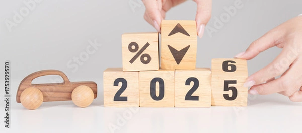 Obraz 2026 New Year with percentage change to UP and Down arrow with car model. Car loan, Interest rate, Insurance, Financial, vehicle Repair, Automobile Tax, mortgage and Maintenance