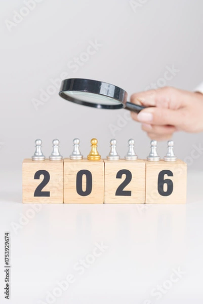 Obraz 2025 end year to Happy New Year 2026 with magnifying glass and people. hiring, employee, recruitment, job, SEO and jobless, Human resource management, Recruitment, leadership and toxic people
