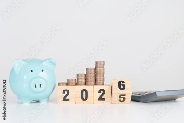 Obraz 2025 end year to Happy New Year 2026 with piggy bank. Resolution, Goals, Plan, Action, Money Saving, Retirement fund, Pension, Investment and Financial concepts