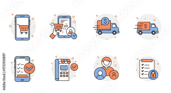 Fototapeta Online Shopping Icons Delivery, Mobile Transactions, Security, and Order Management