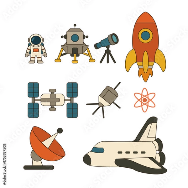 Fototapeta Space Exploration Vector Set – Astronaut, Rocket, Satellite, Telescope, and Science Icons Collection