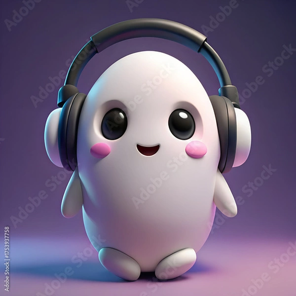 Obraz Adorable Ghost Cartoon Character with Headphones Listening with Cute Smile Playful Illustration Render Graphic 3D Design Fun Creative Character Mascot