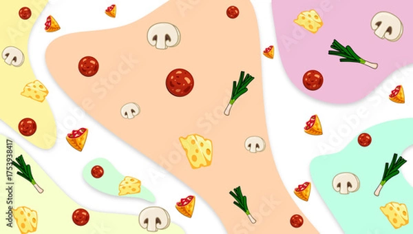 Fototapeta abstract illustration featuring a colorful silhouette scattered with pizza toppings, cheese, mushrooms, and scallions. Whimsical and playful stock art suitable for food themes, patterns, and creative 