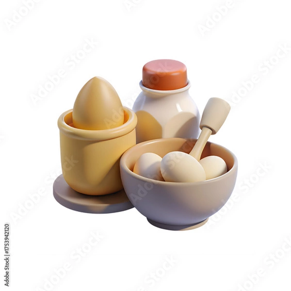 Fototapeta Breakfast Still Life 3D Rendered Composition of Eggs in Bowl Egg Cup Milk Bottle and Whisk Beige Tones Kitchenware Isolated on White Background Nutrient Rich Food Elements